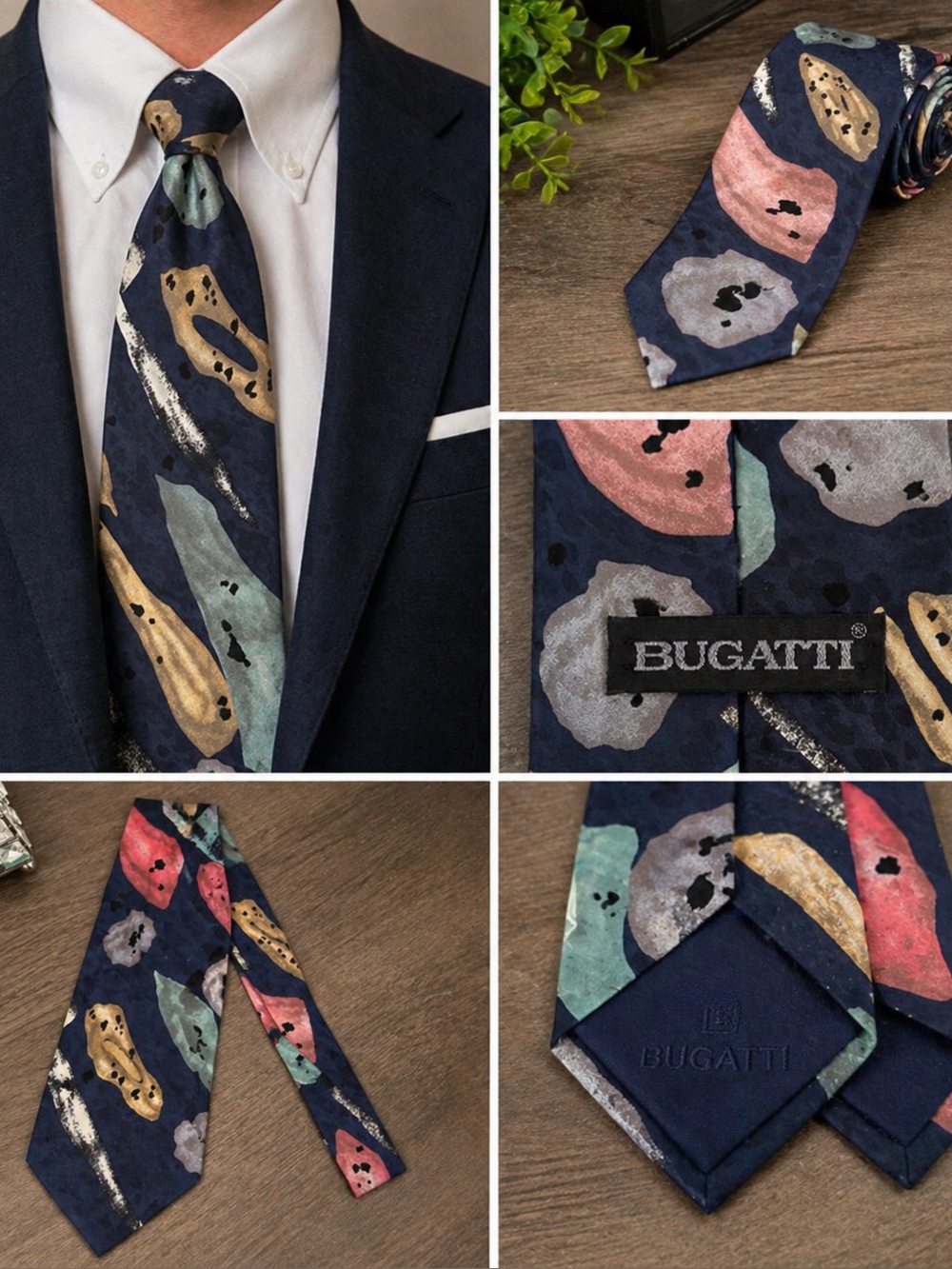 Bugatti Abstract Silk Tie Navy Blue Pink Gold Artistic Pattern Vintage Style